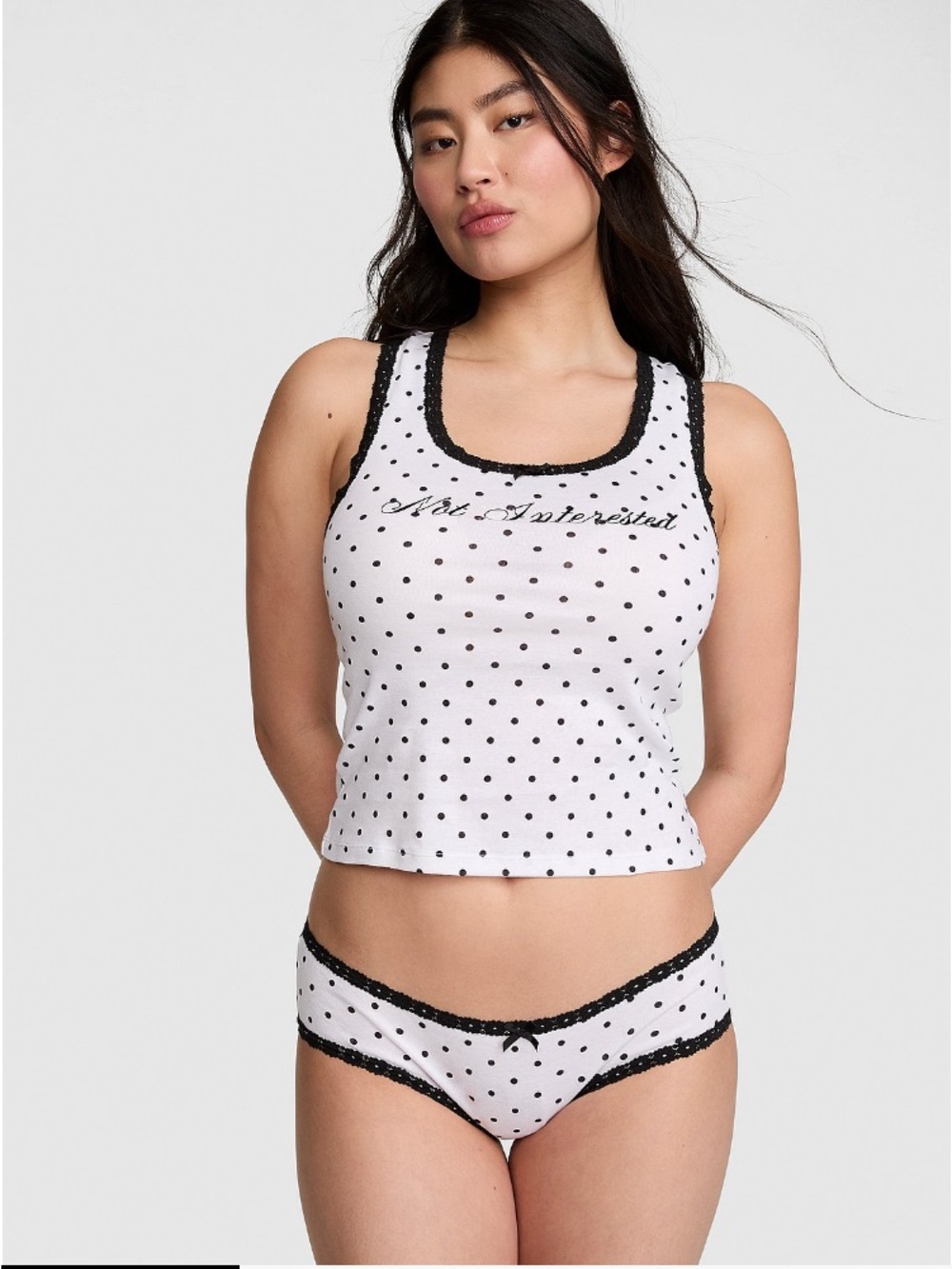 💋VS Pink 2-pc set lace trim cami & panty sleep set polka dots sz XL NWT